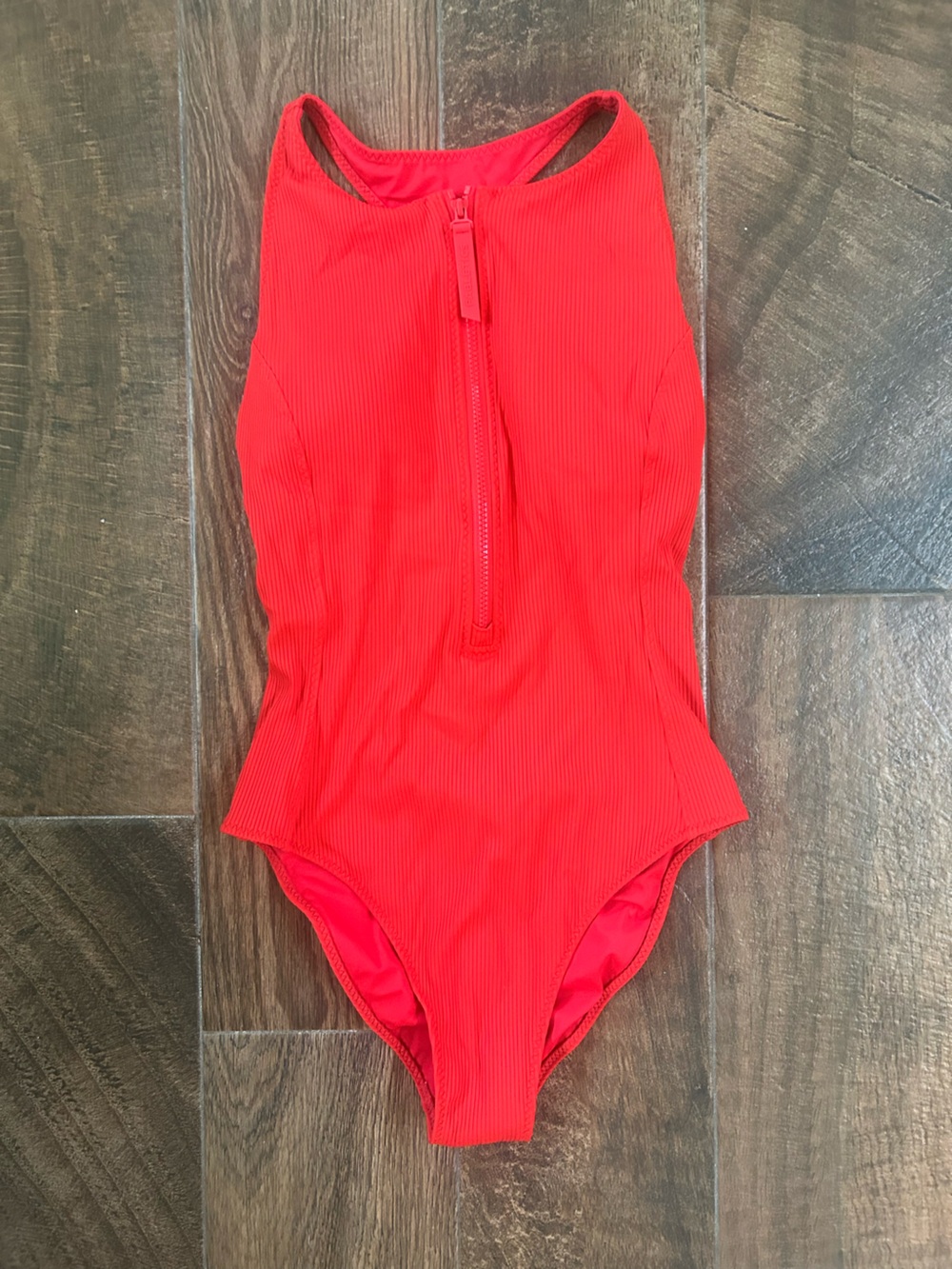 Fabletics Red Ribbed Front-Zip One-Piece Swimsuit